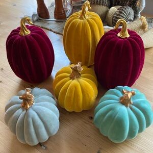 2/$30 Velvet Pumpkins Rich Burgundy Gold Grey Blue 3 Sizes Metallic Gold Stems